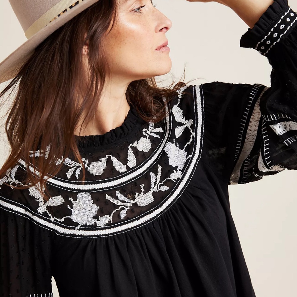 NWT Anthropologie Maeve Winona Gypsy Lace Top Black White Boho Size L Large